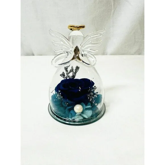 Holiday Romantic Angel Rose Dome Gift Set Blue Rose Necklace Surprise Box - Picture 2 of 6